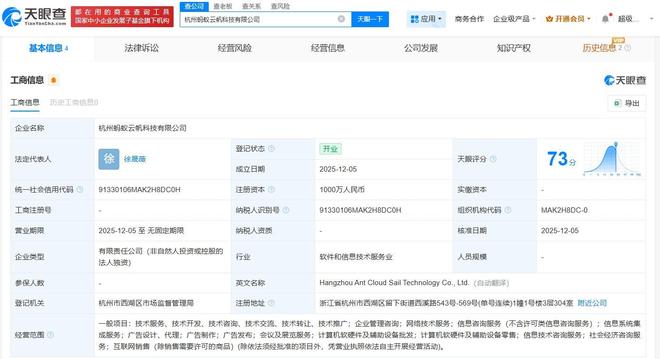 螞蟻集團在杭州成立云帆科技公司，注冊資本1000萬元聚焦計算機軟硬件批發